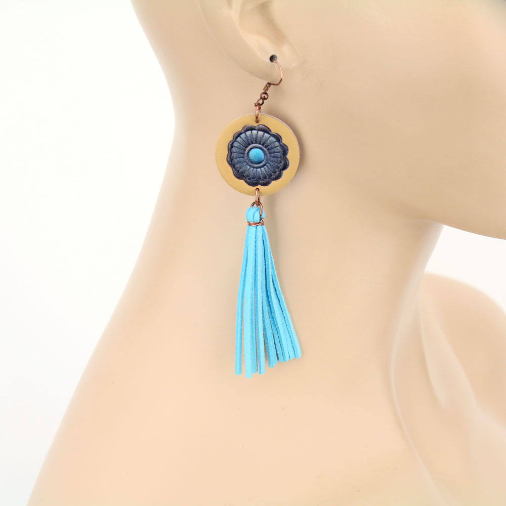 Genuine Leather Concho Tassel Dangle Earrings - Image 2