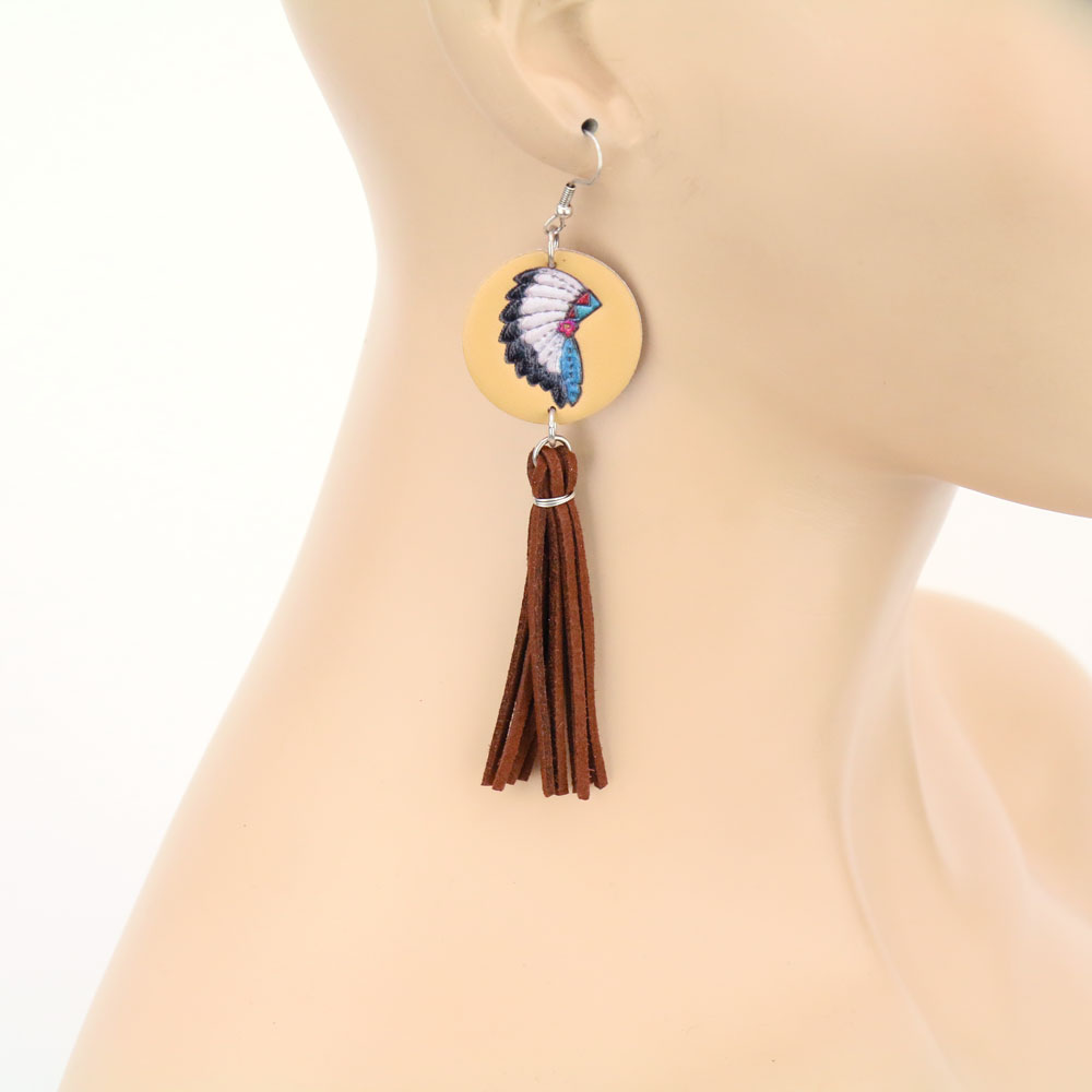 Genuine Leather Native Head Dress Tassel Dangle Earrings - Image 2