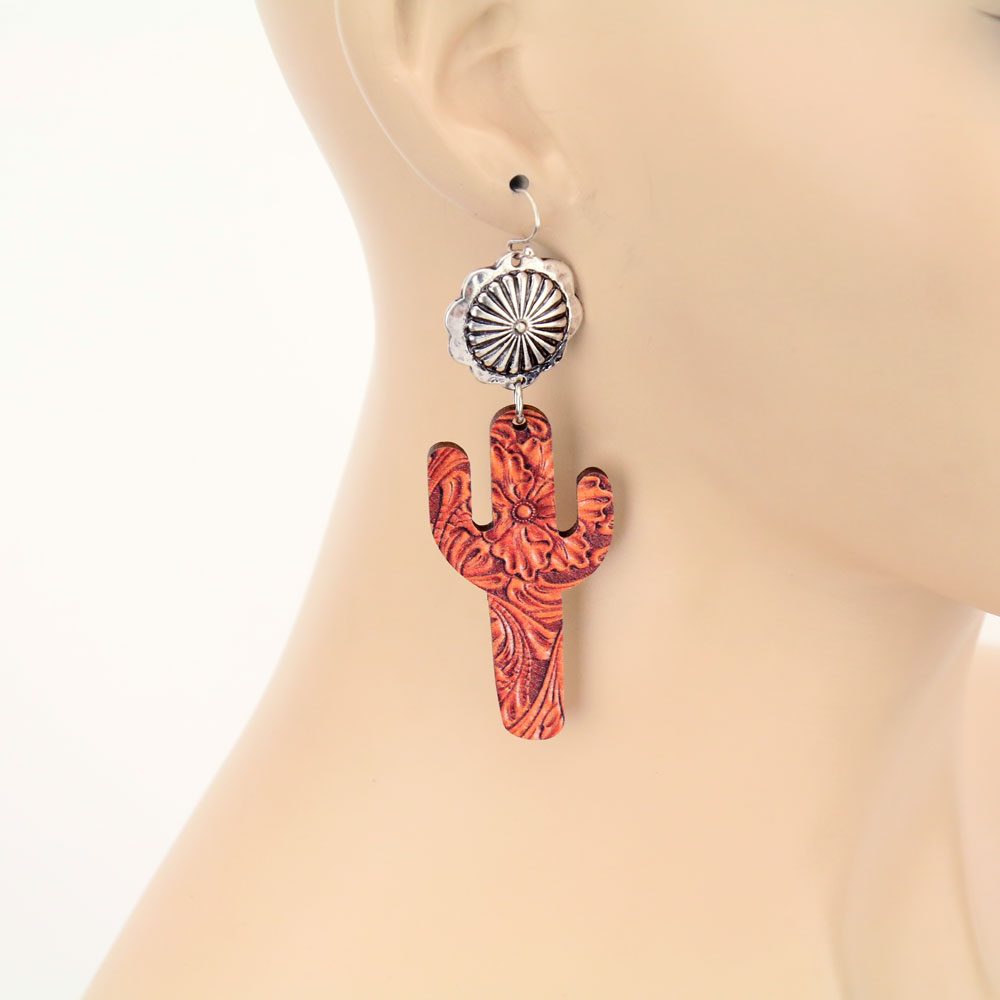 Western Concho Cactus Wood Dangle Earrings - Image 2