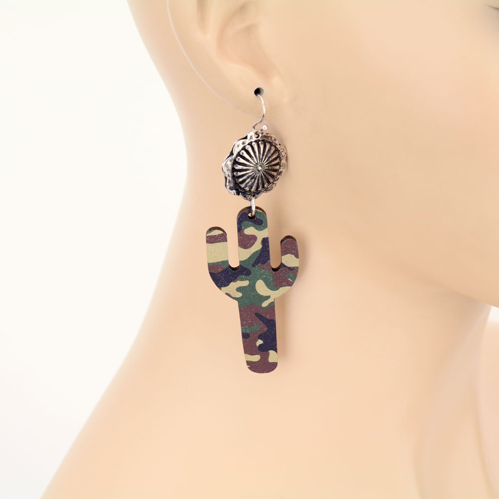 Western Concho Cactus Wood Dangle Earrings - Image 2