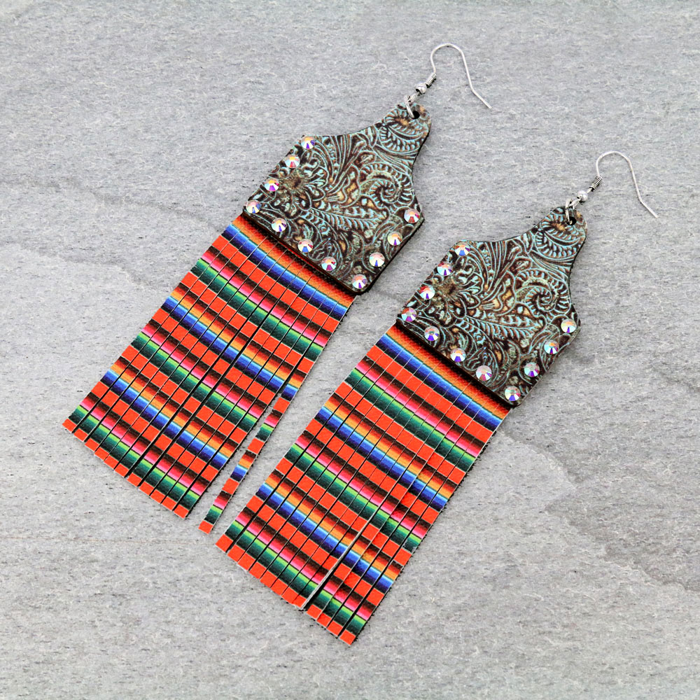 Wood Cattle Tag Tassel Dangle Earrings