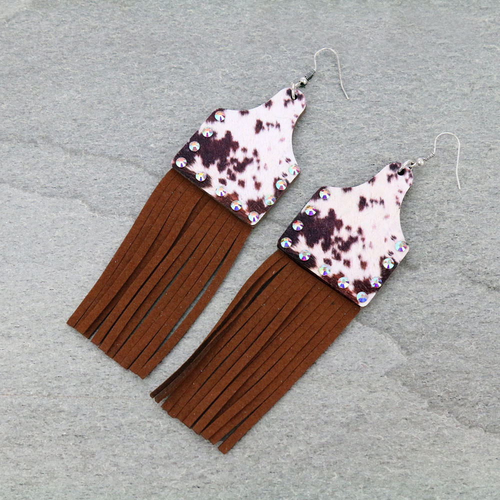 Wood Cattle Tag Tassel Dangle Earrings