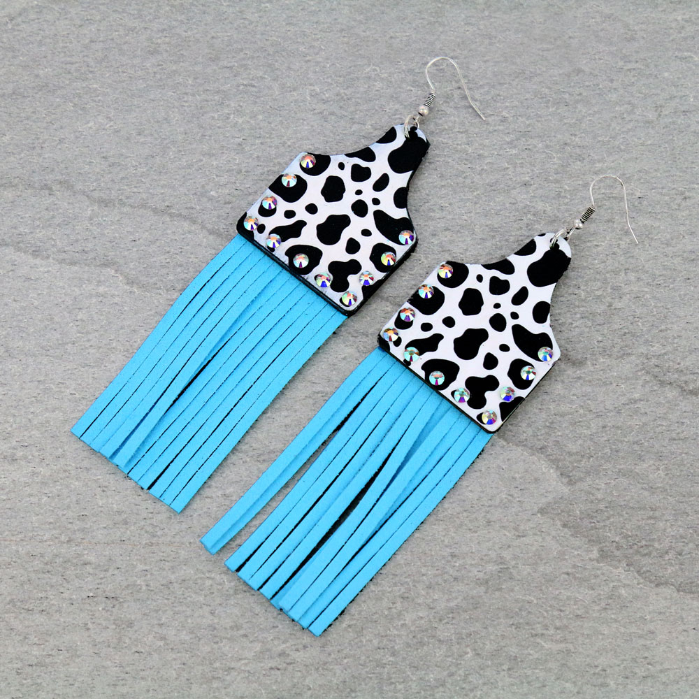 Wood Cattle Tag Tassel Dangle Earrings