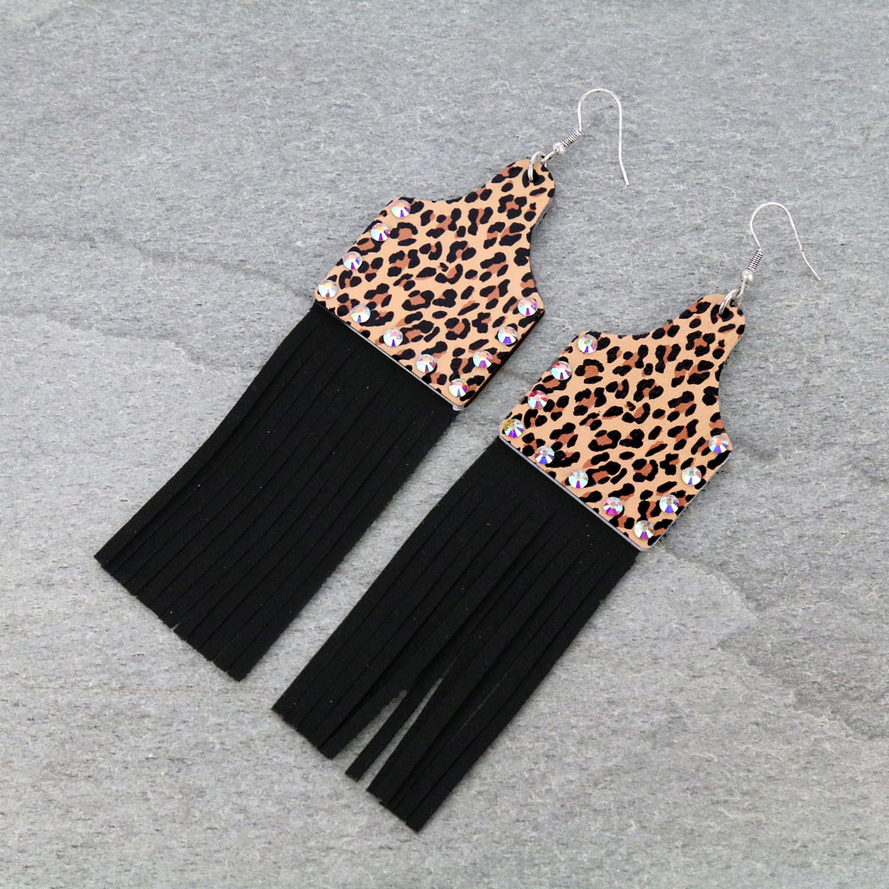 Wood Cattle Tag Tassel Dangle Earrings