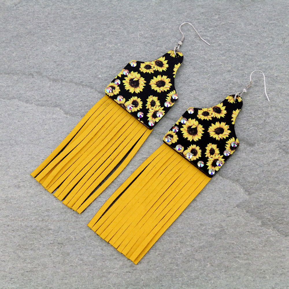 Wood Cattle Tag Tassel Dangle Earrings