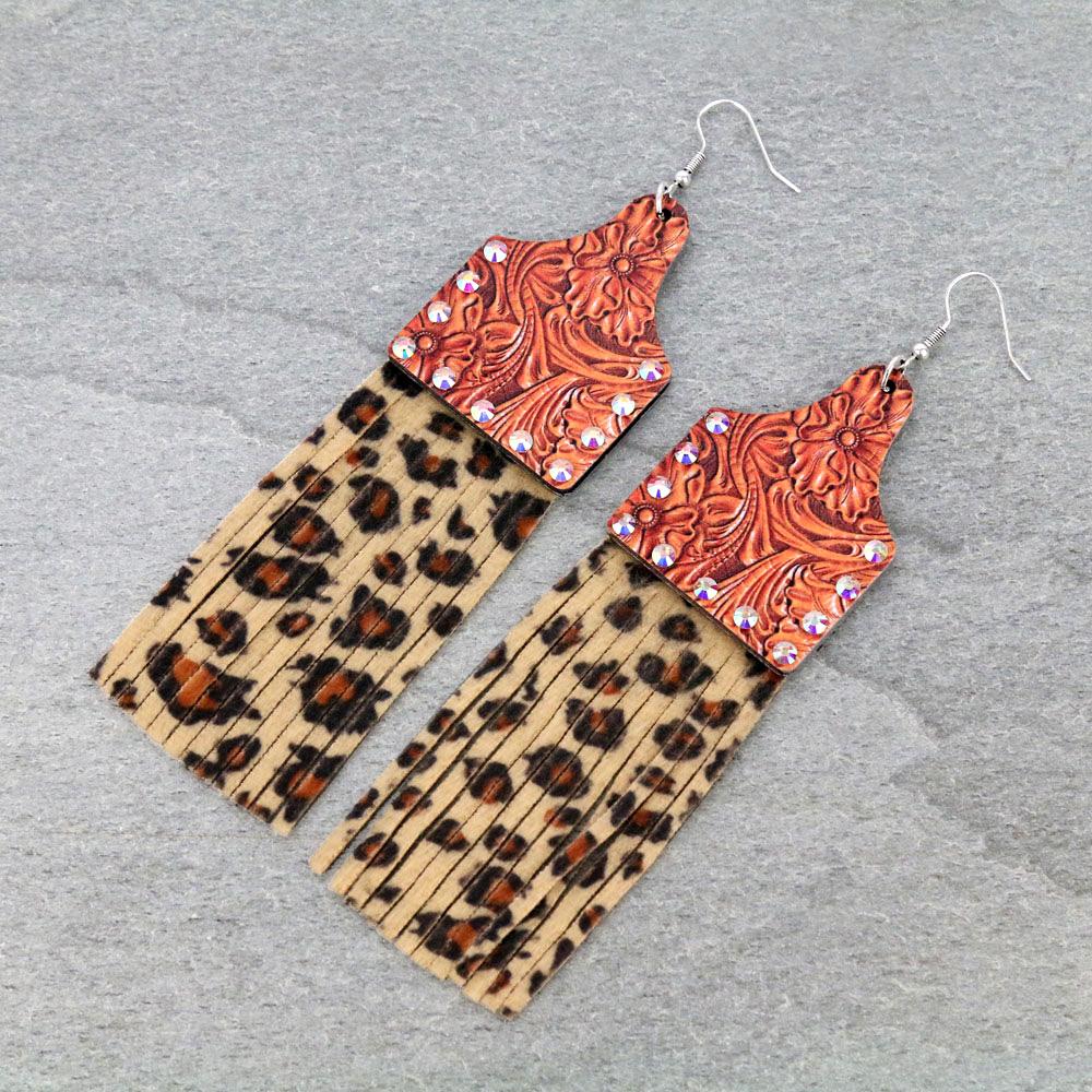 Wood Cattle Tag Tassel Dangle Earrings