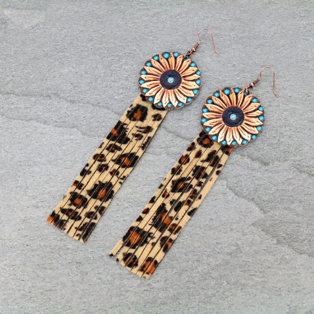 Genuine Leather Sunflower Tassel Dangle Earrings