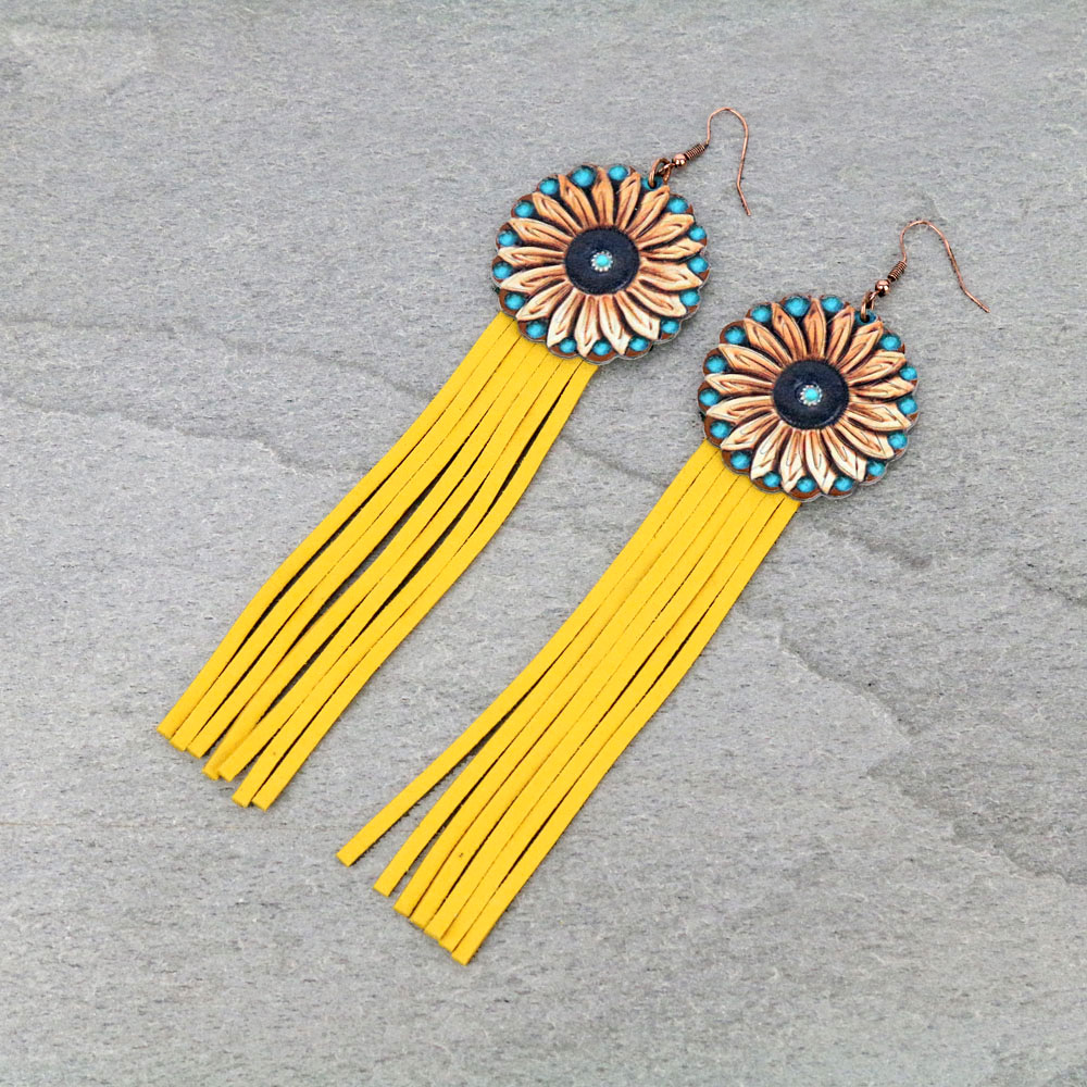 Genuine Leather Sunflower Tassel Dangle Earrings