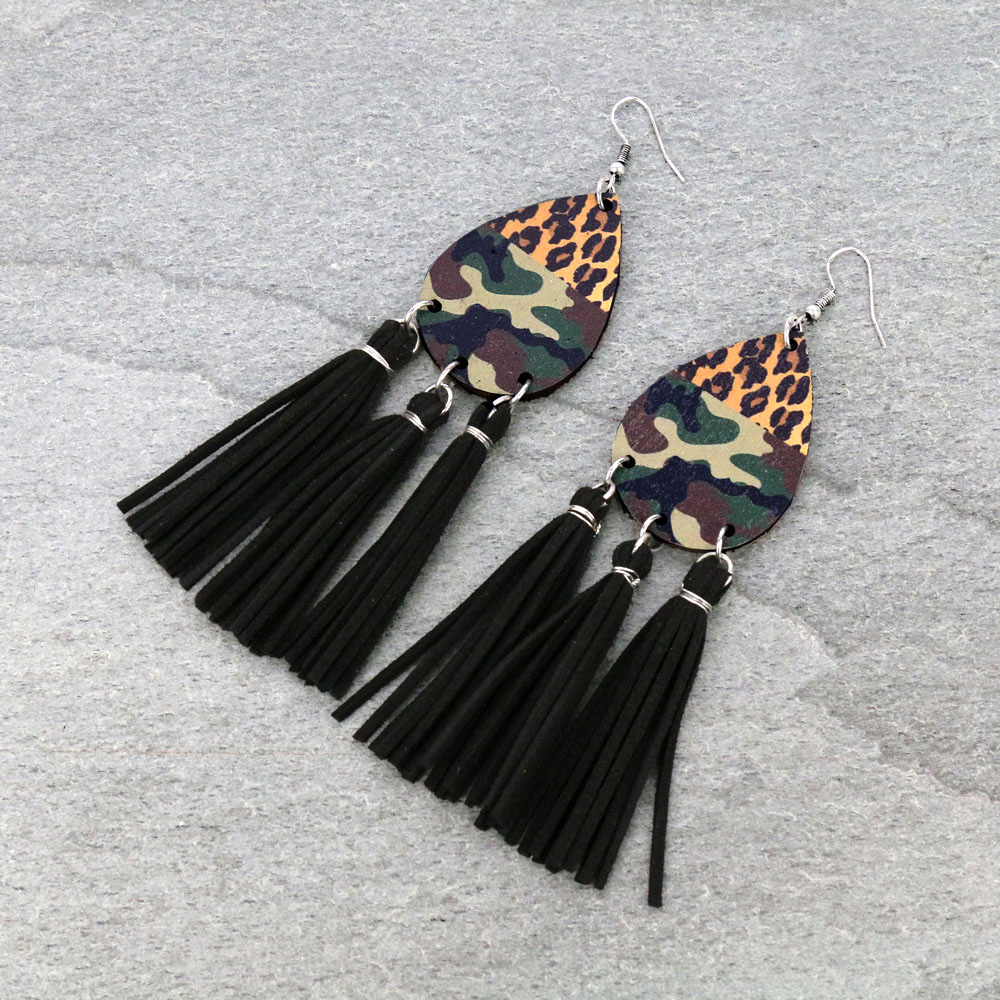 Wood Teardrop Tassel Dangle Earrings