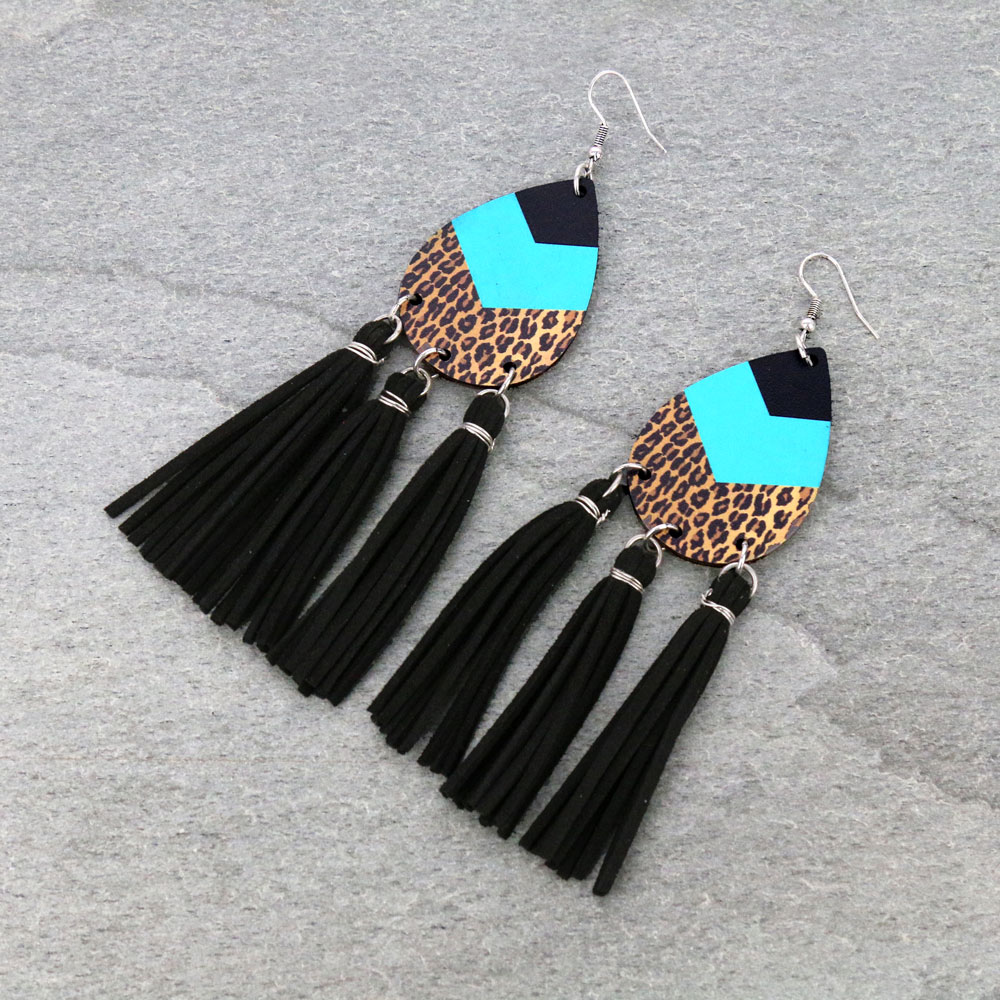 Wood Teardrop Tassel Dangle Earrings