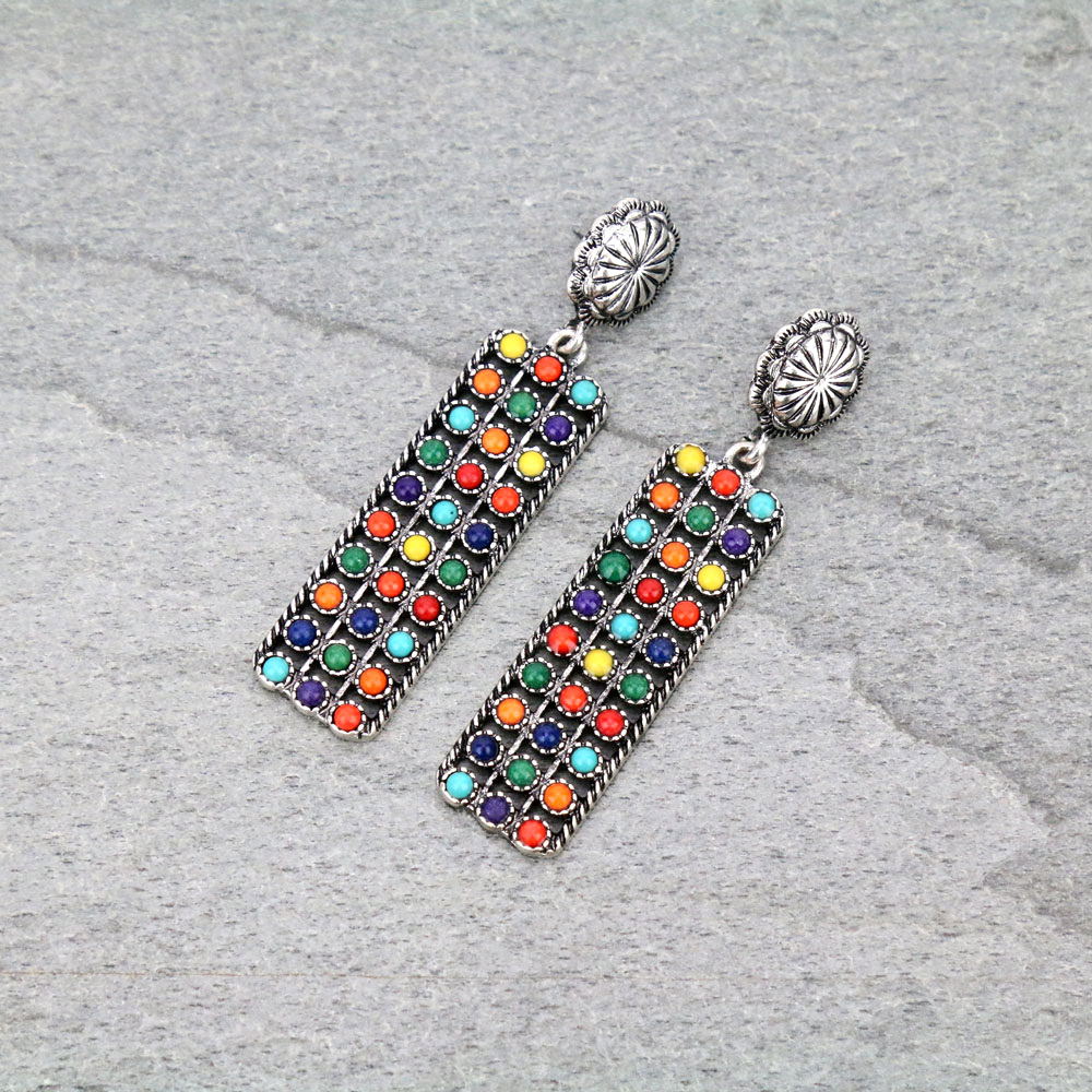 Western Rectangle Design Stone Stud Earrings