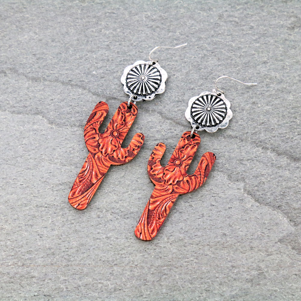 Western Concho Cactus Wood Dangle Earrings