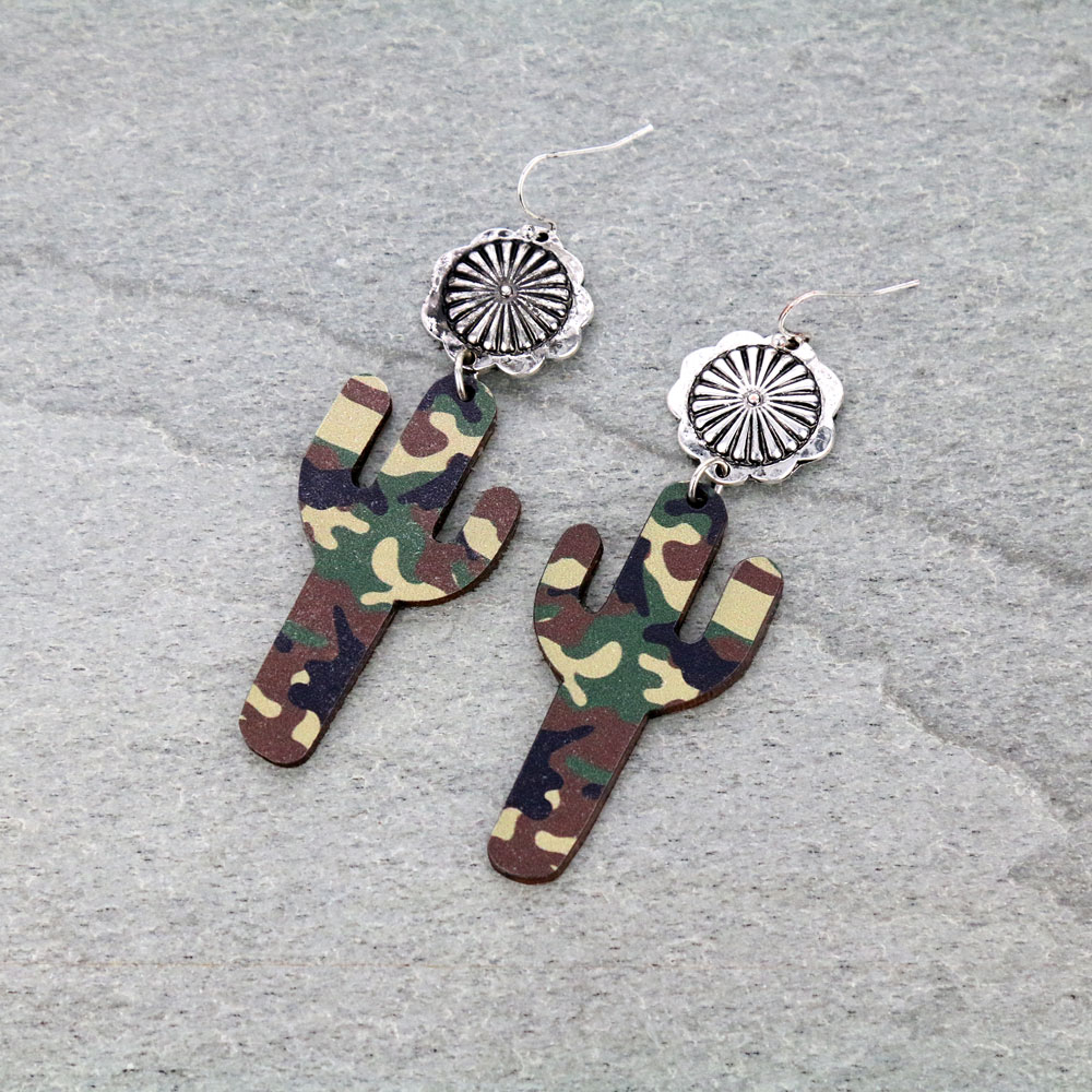 Western Concho Cactus Wood Dangle Earrings