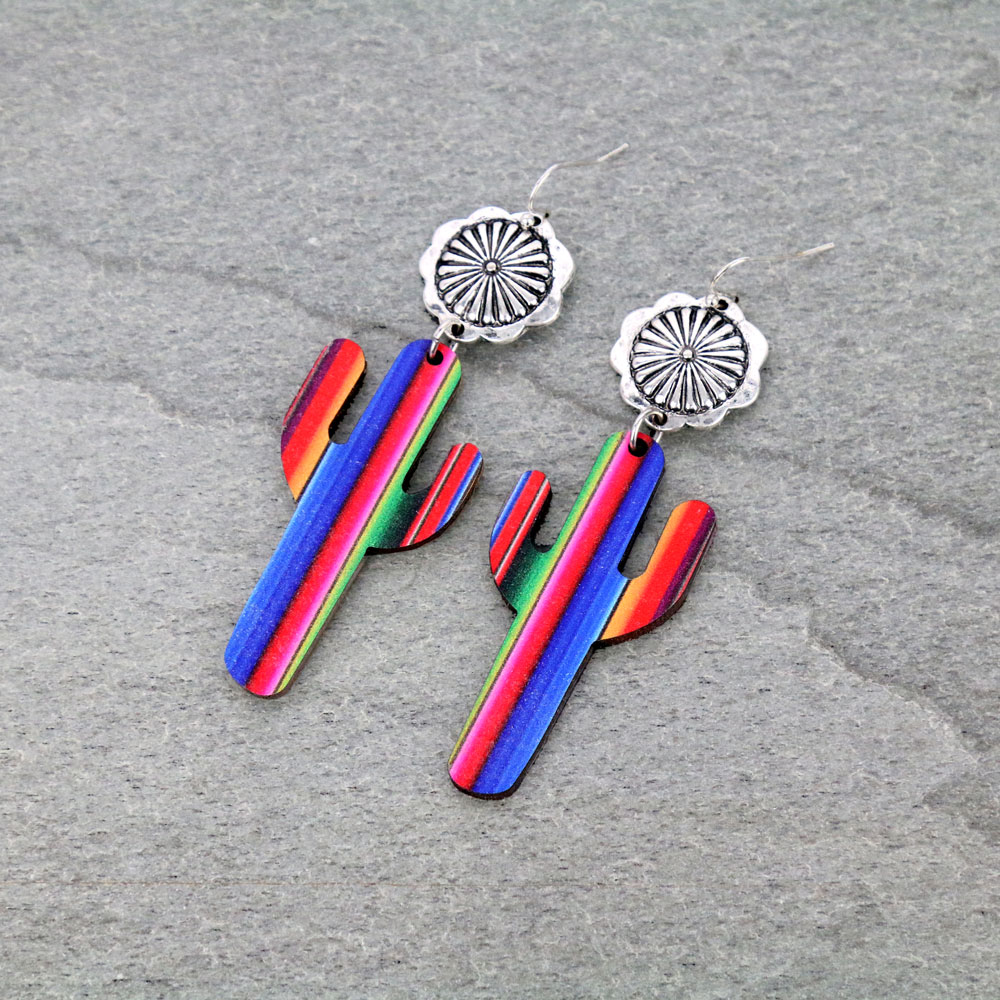 Western Concho Cactus Wood Dangle Earrings
