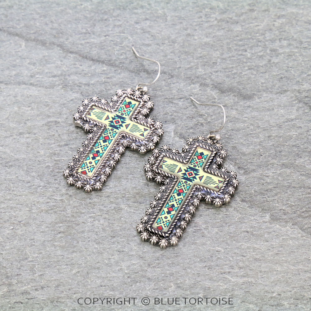 Western Aztec Pattern Bubble Cross Dangle Earrings