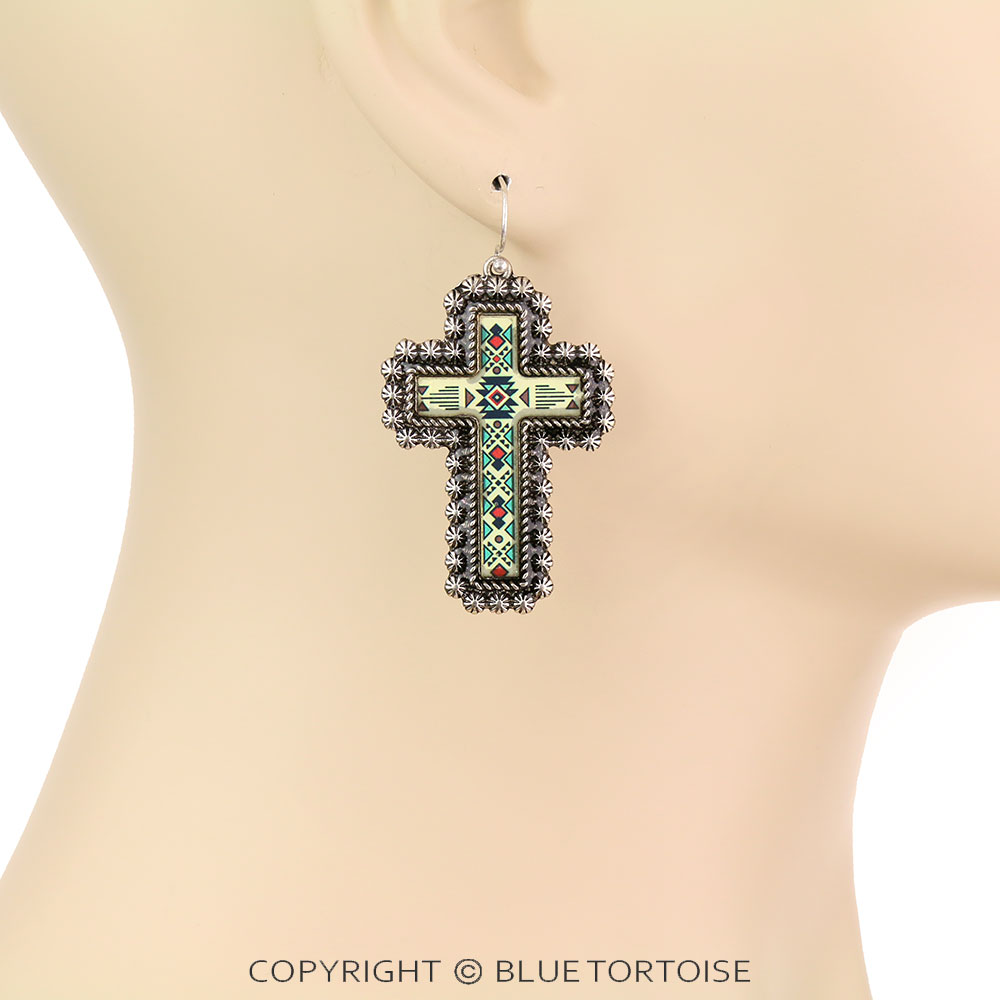 Western Aztec Pattern Bubble Cross Dangle Earrings - Image 2