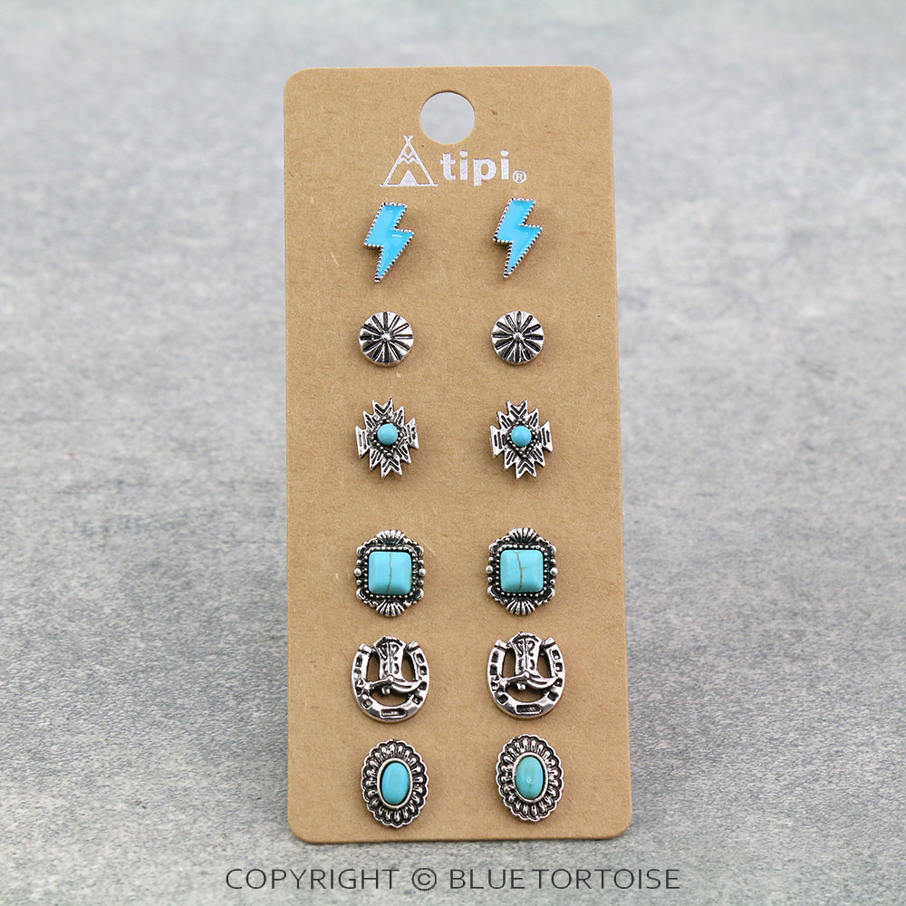 6 Pair Dainty Western Stud Earring Set