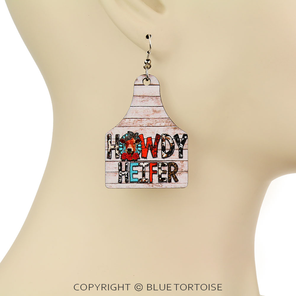 Western Design Cattle Tag Wood Dangle Earrings - Image 2