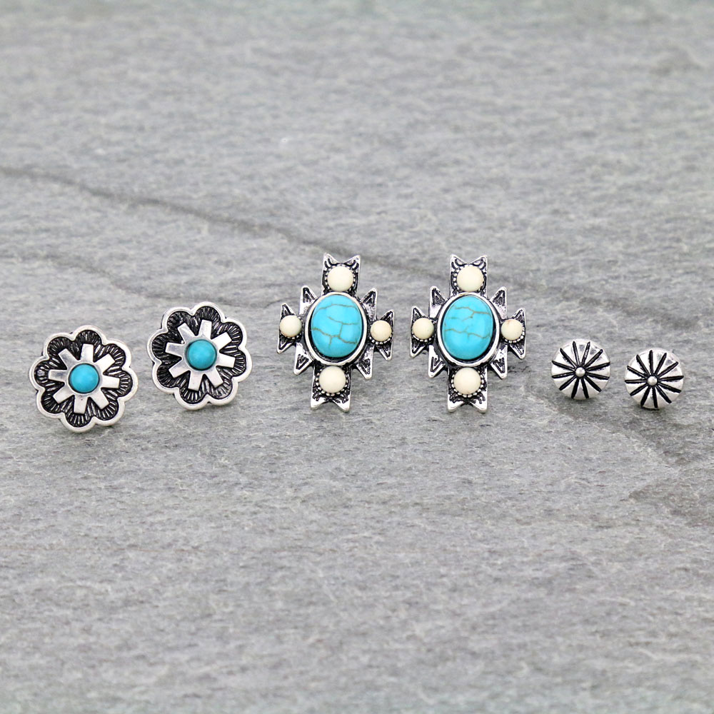 3 Pair Western Turquoise Earring Set