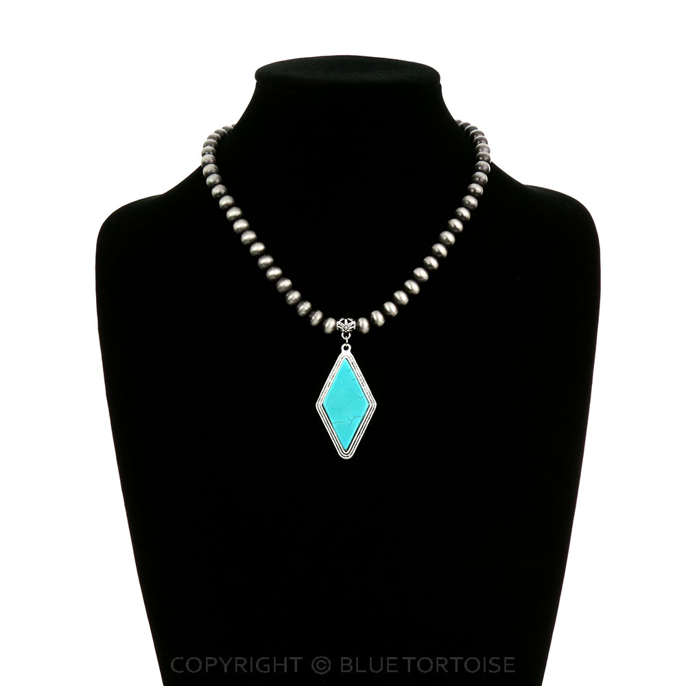 16" Long, 8mm Navajo Style Pearl Necklace, Natural Stone Pendant - Image 2