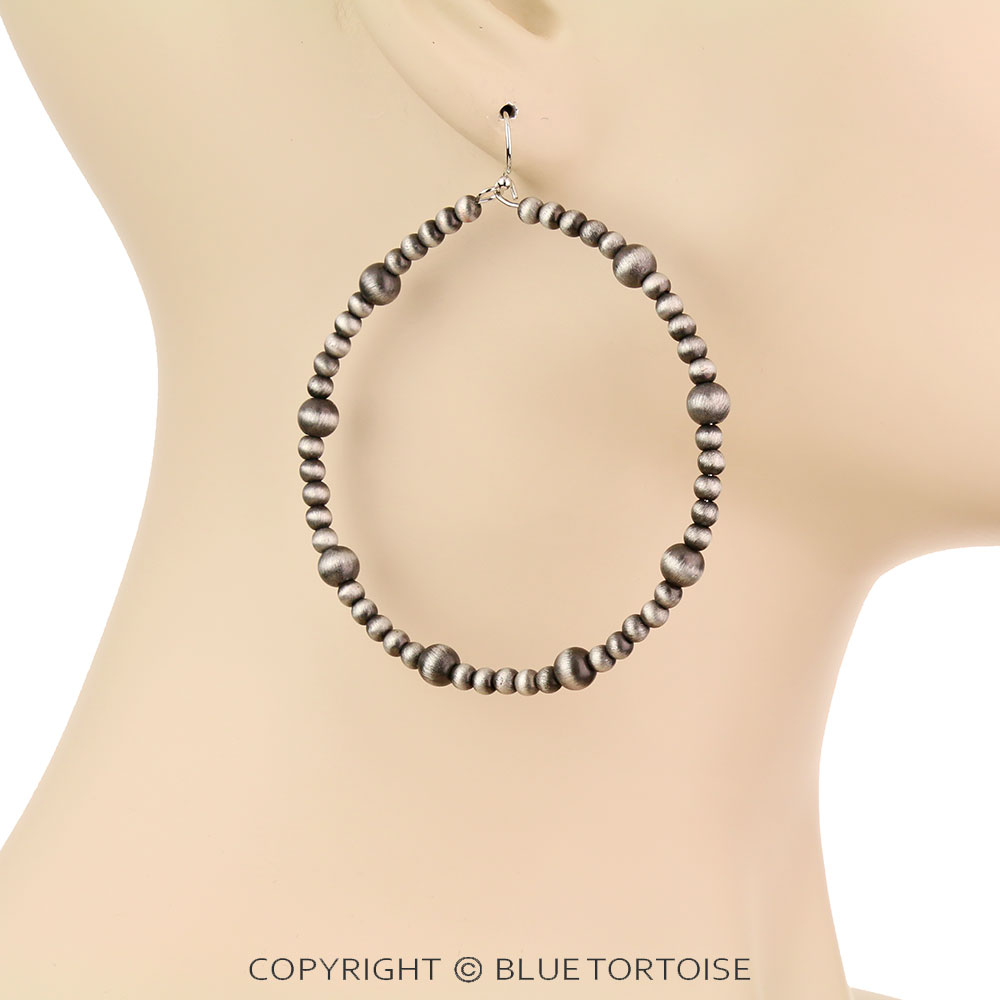 2.5" Long, Tiny 4mm & 6mm Navajo style Pearl, 65mm Hoop Earrings - Image 2