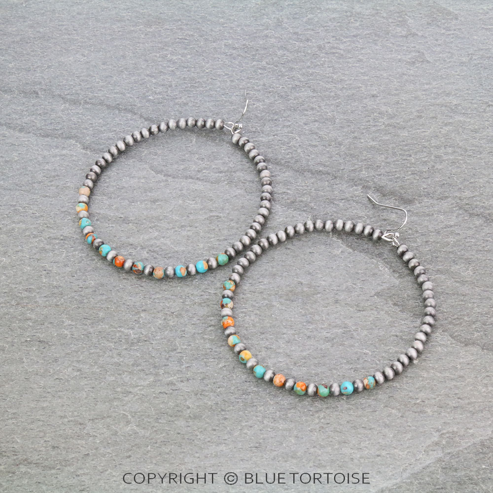 2.5" Long, Tiny 4mm Gemstone & Navajo Style Pearl 65mm Hoop Earrings