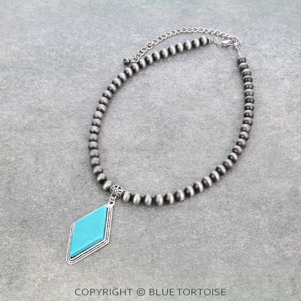 16" Long, 8mm Navajo Style Pearl Necklace, Natural Stone Pendant