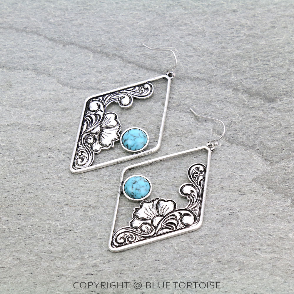 2.5" Floral Pattern Casting with Stone Dangle Earrings