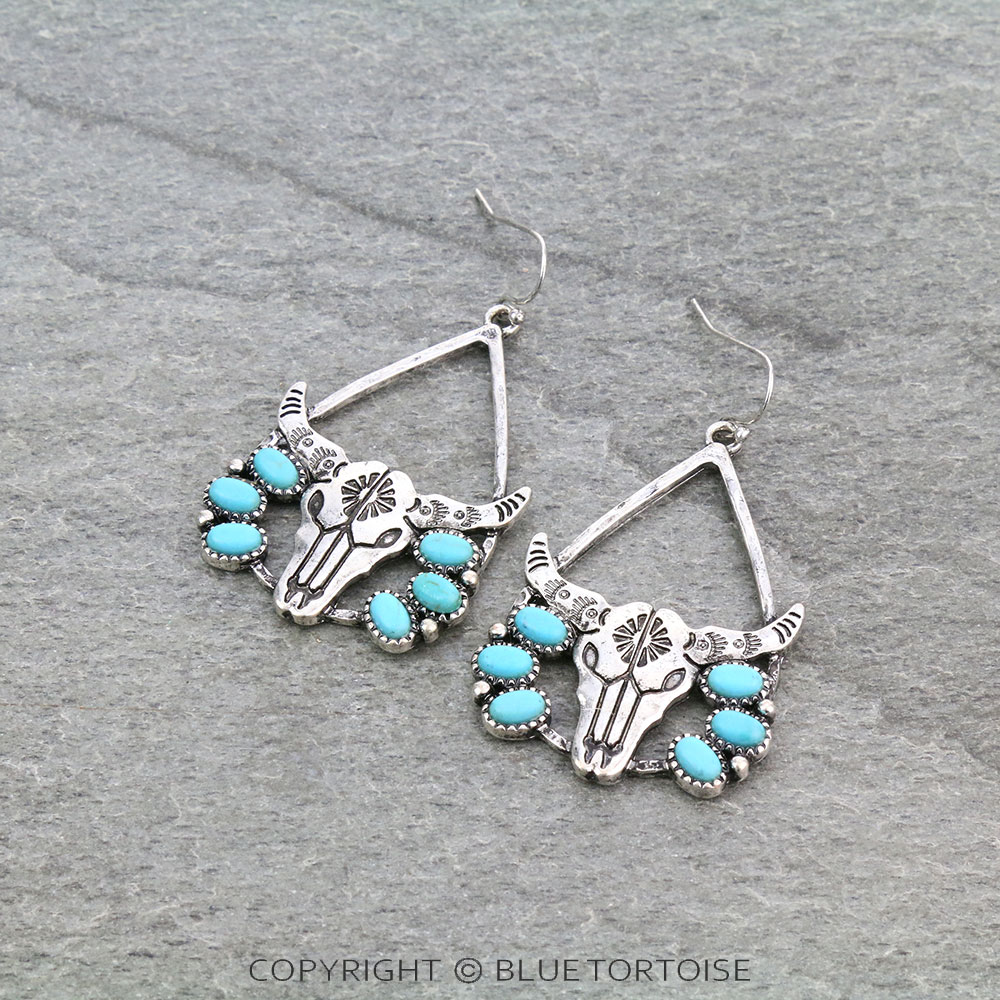 Western Steer Skull Teardrop Dangle Earrings