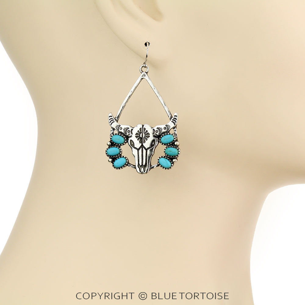 Western Steer Skull Teardrop Dangle Earrings - Image 2