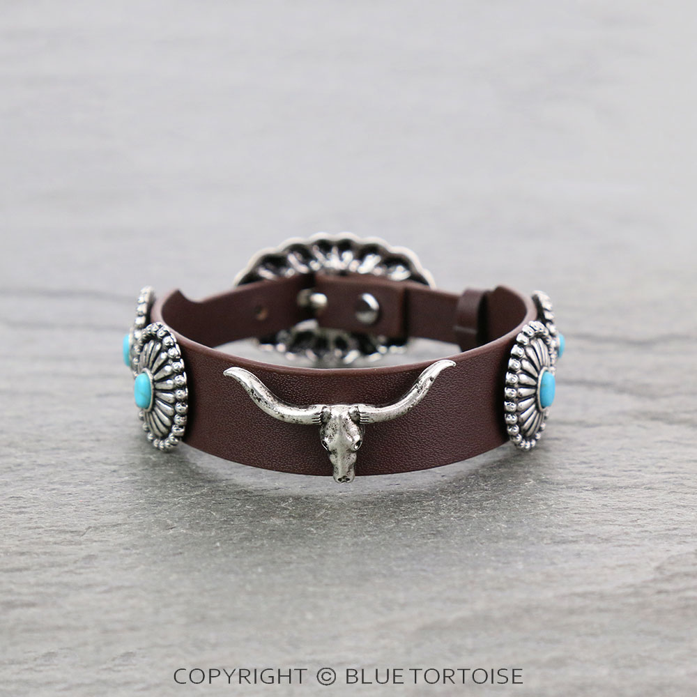Western Steer Skull with Concho Leather Buckle Bracelet