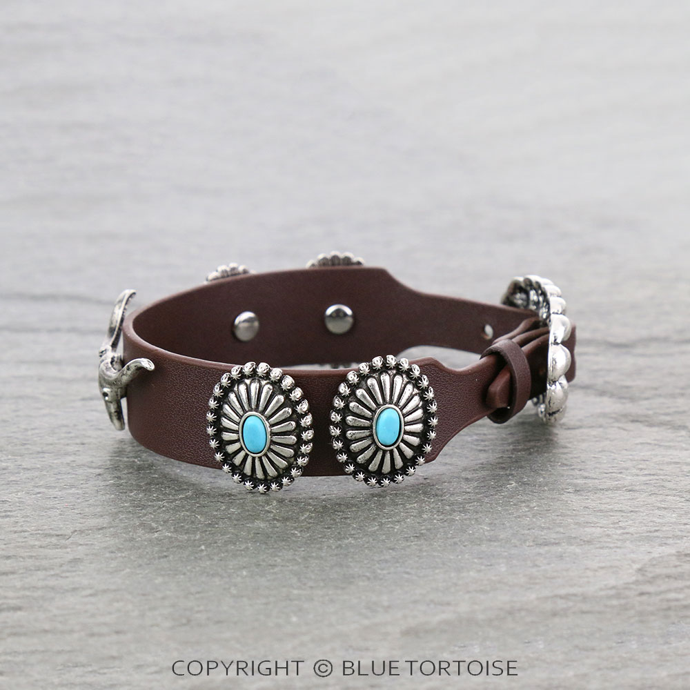 Western Steer Skull with Concho Leather Buckle Bracelet - Image 2