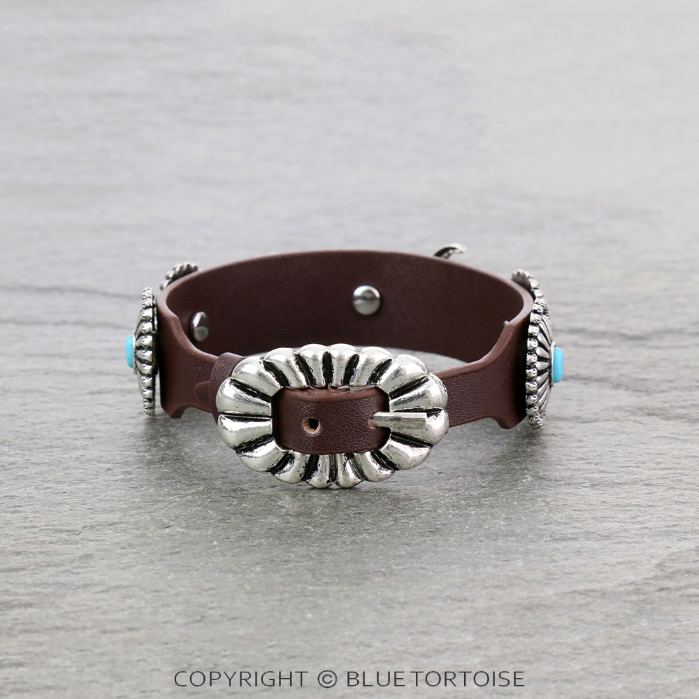 Western Steer Skull with Concho Leather Buckle Bracelet - Image 3