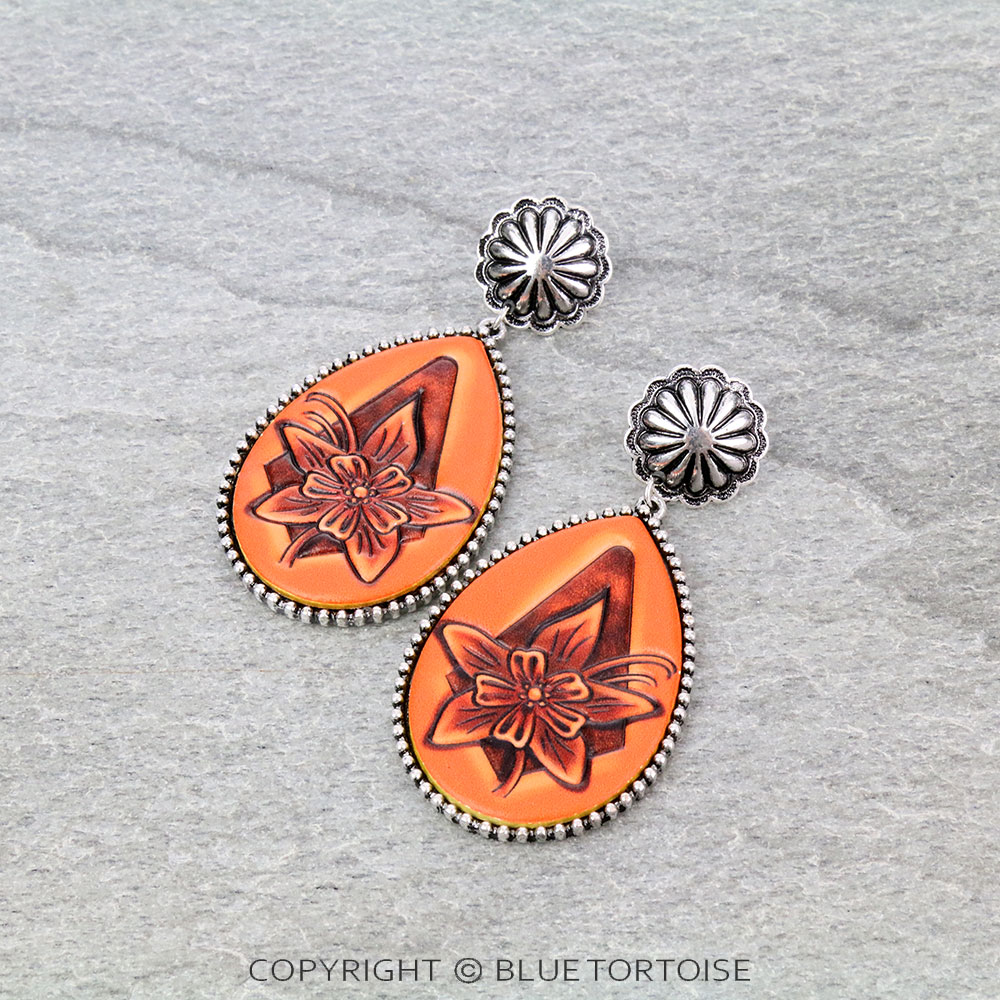 Concho Casting with Flower Leather Stud Earrings 2.8"