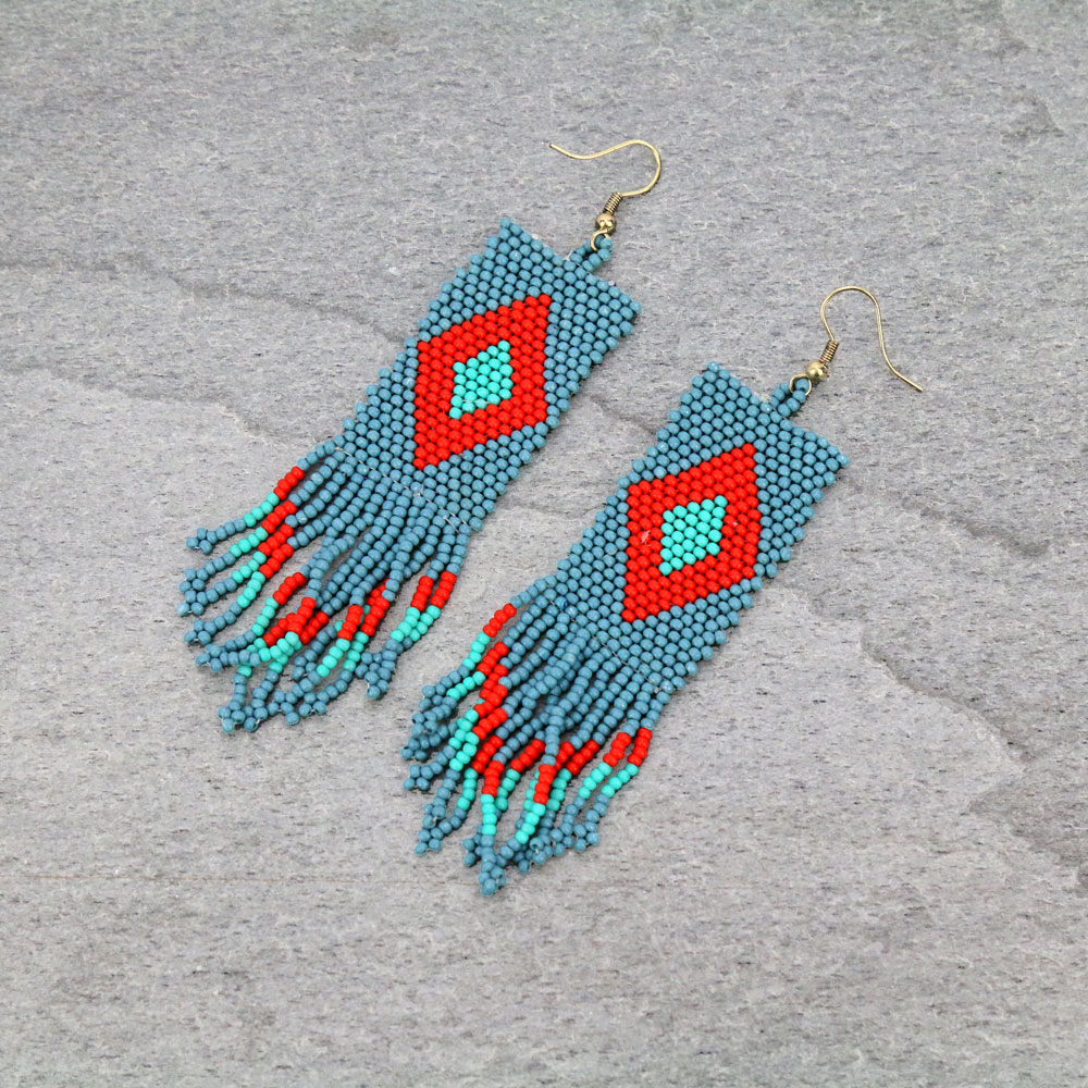 Aztec Pattern Seed Bead Tassel Dangle Earrings