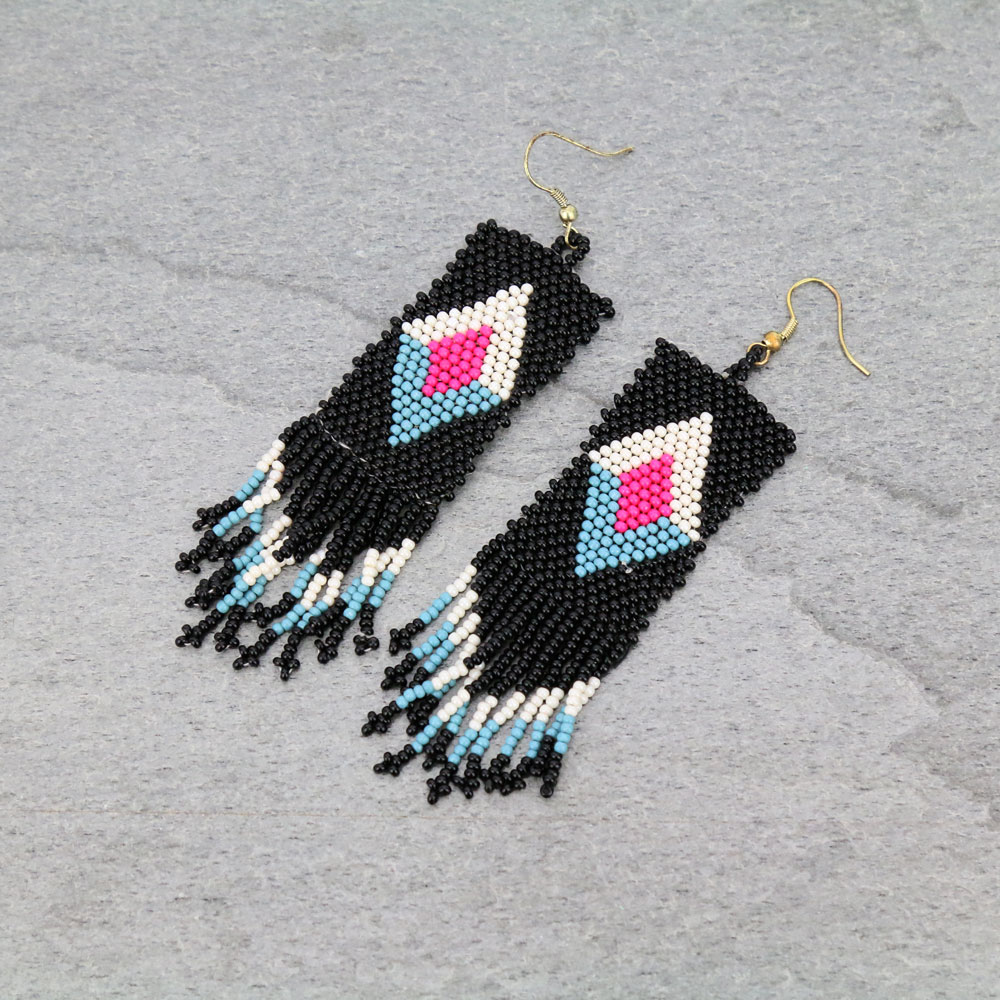 Aztec Pattern Seed Bead Tassel Dangle Earrings