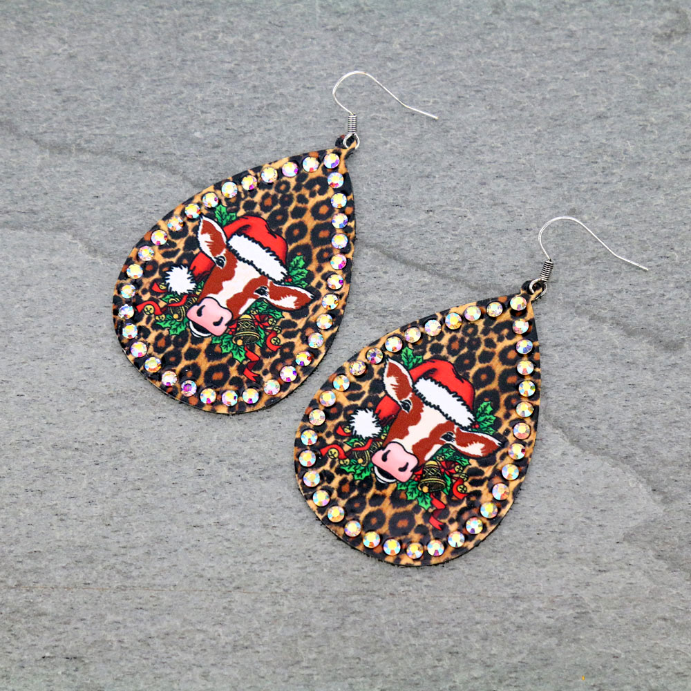 Cow Printed Christmas Teardrop Dangle Earrings