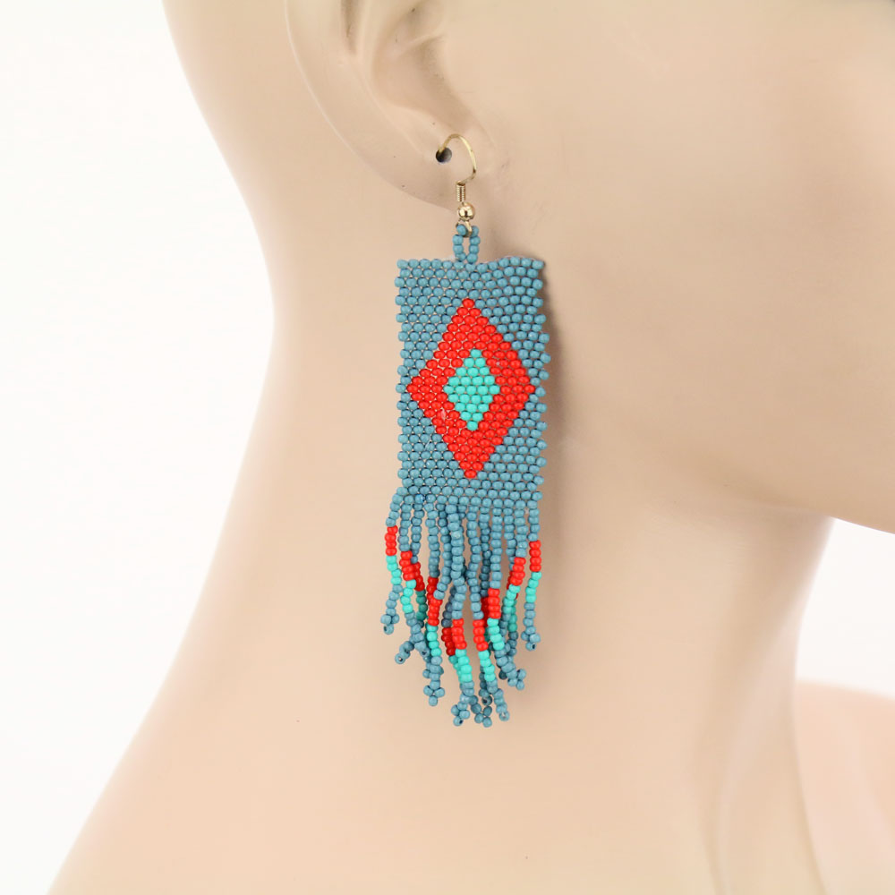 Aztec Pattern Seed Bead Tassel Dangle Earrings - Image 2