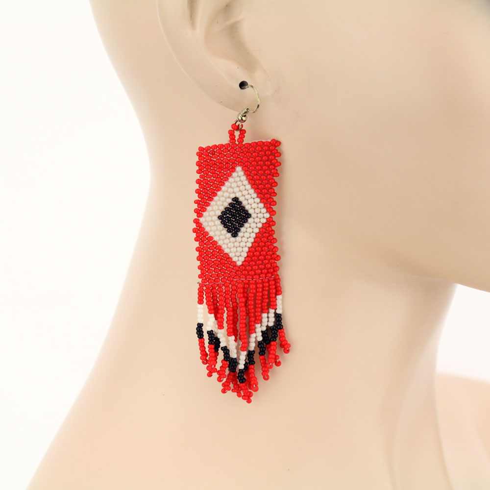 Aztec Pattern Seed Bead Tassel Dangle Earrings - Image 2