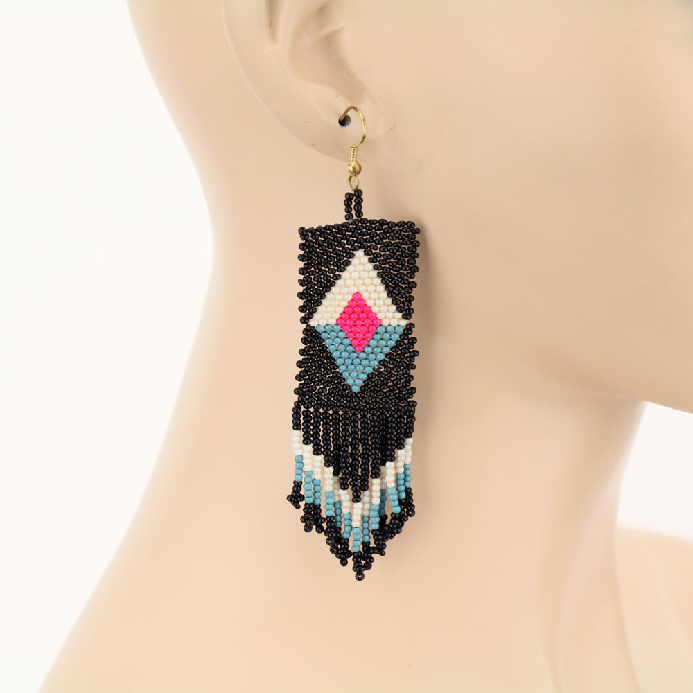 Aztec Pattern Seed Bead Tassel Dangle Earrings - Image 2
