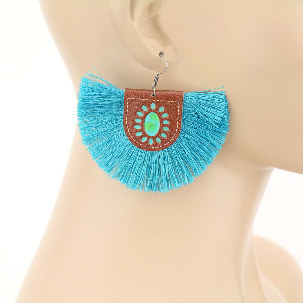 Western Style Leather with Tassel Dangle Earrings - Image 2