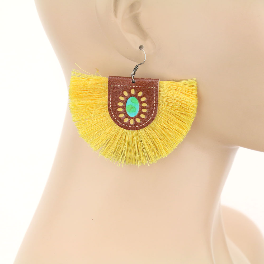 Western Style Leather with Tassel Dangle Earrings - Image 2
