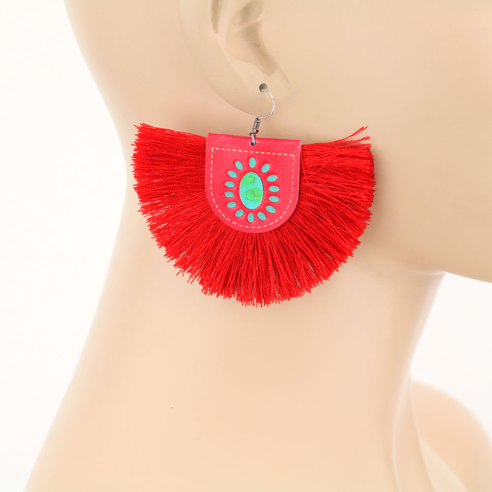 Western Style Leather with Tassel Dangle Earrings - Image 2