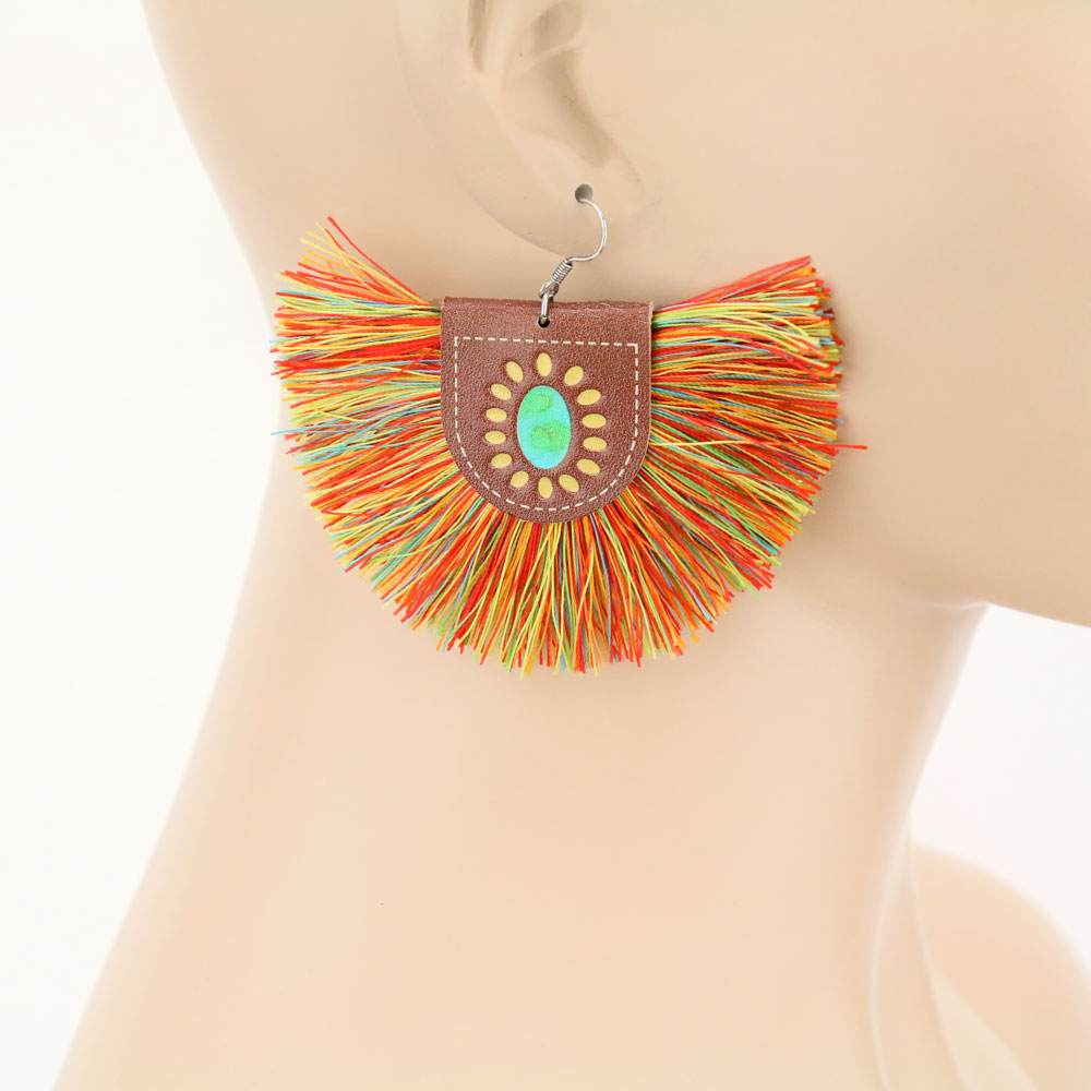 Western Style Leather with Tassel Dangle Earrings - Image 2