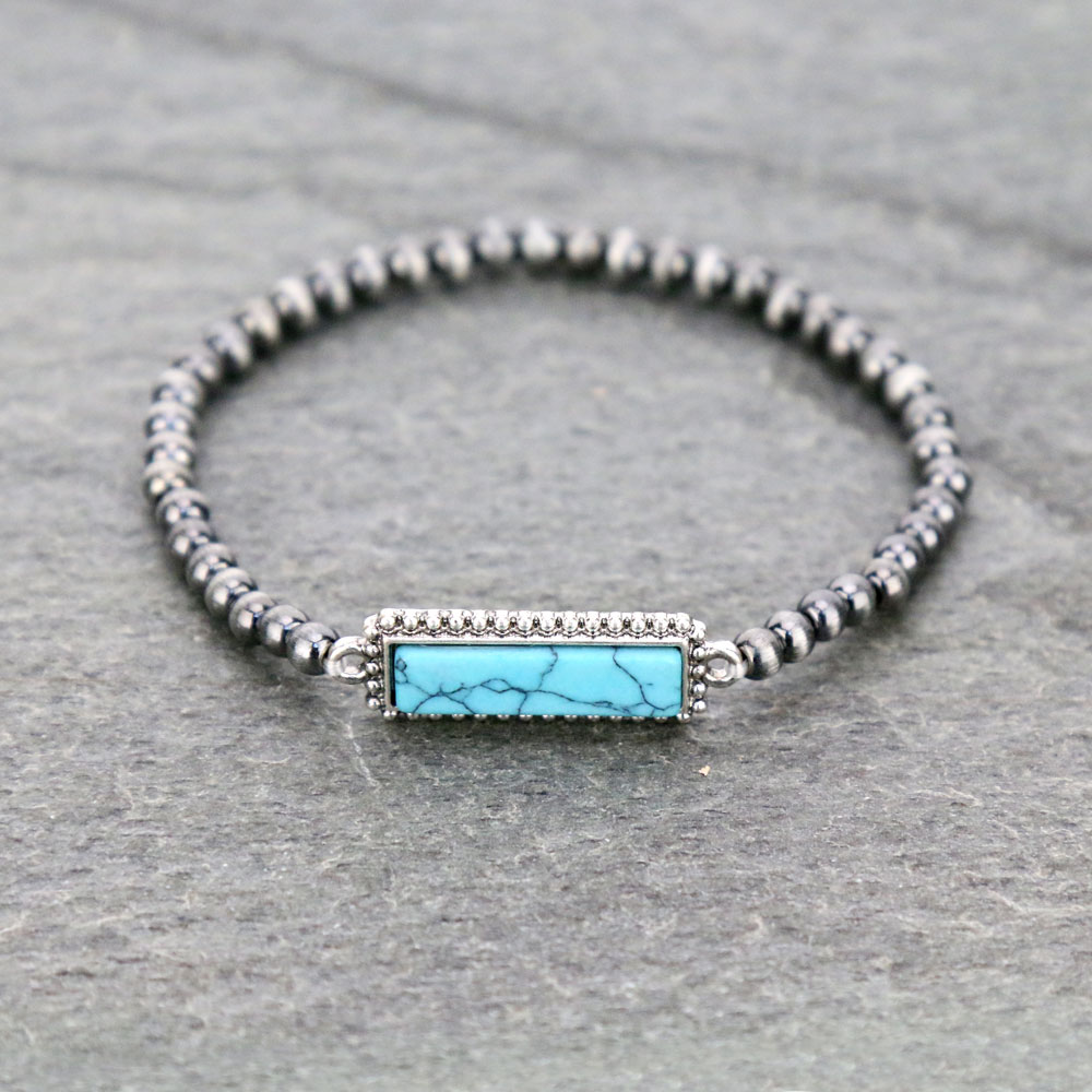 Navajo Style Pearl Bead with Stone Stretch Bracelet