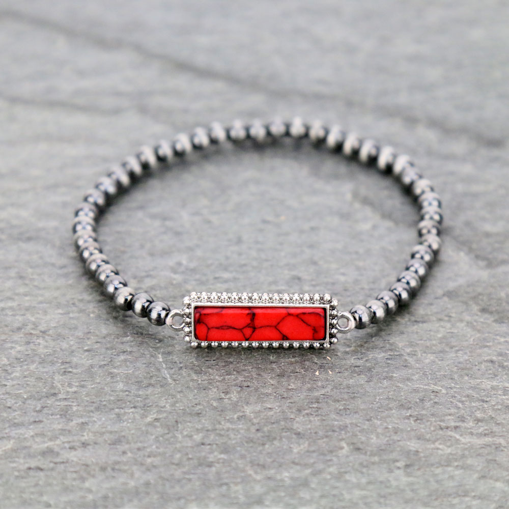 Navajo Style Pearl Bead with Stone Stretch Bracelet