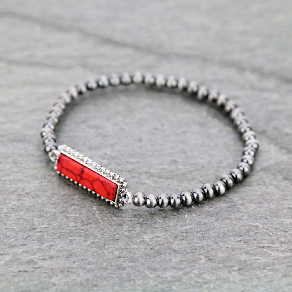 Navajo Style Pearl Bead with Stone Stretch Bracelet - Image 2