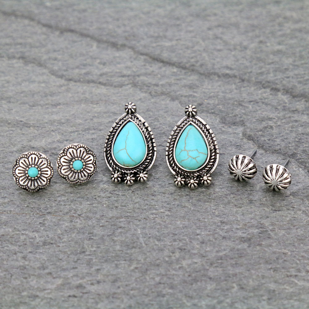 3 Pair Western Stone Earring Set