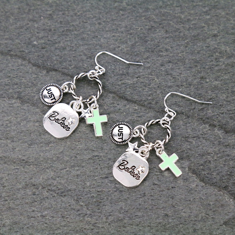 "JUST BELIEVE" Cross Dangle Earrings
