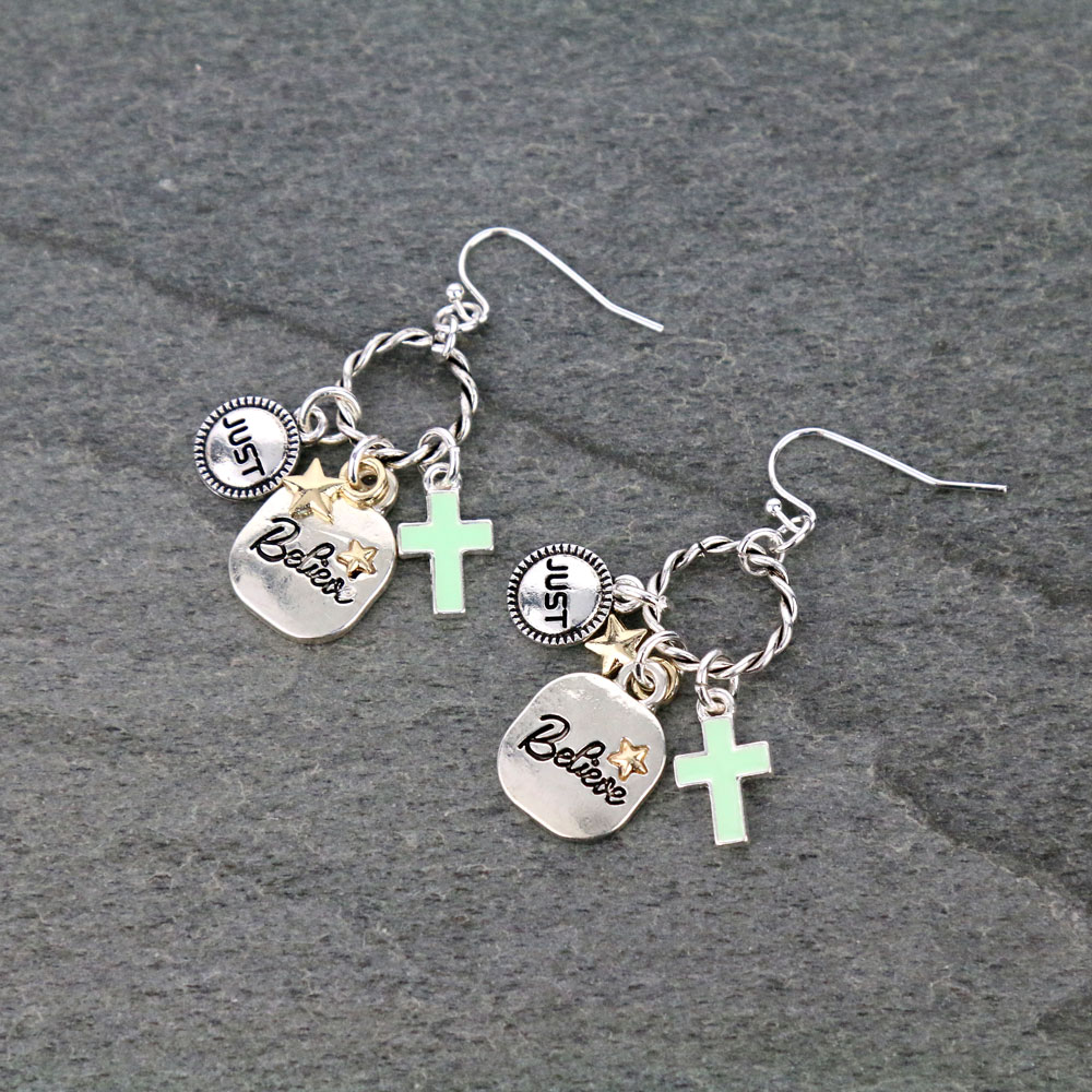 "JUST BELIEVE" Cross Dangle Earrings